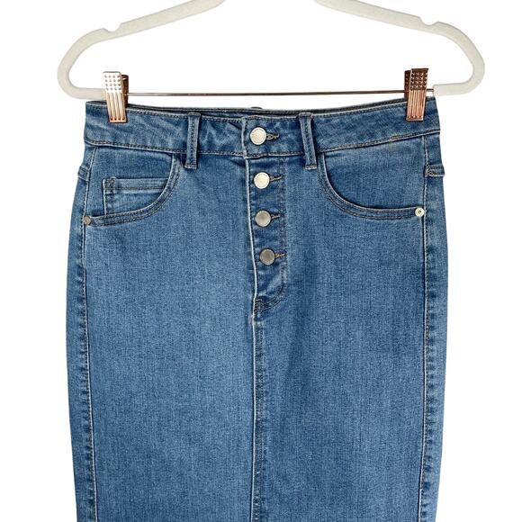 OAT New York Jean Skirt Womens 2/26 Blue Denim Maxi Front Slit Button Fly - Picture 2 of 9